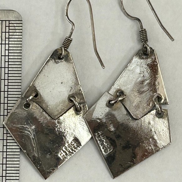 Vintage Silver Alpaca Mexican Long Blue Crushed Stone Inlay Long Earrings - Picture 4 of 6